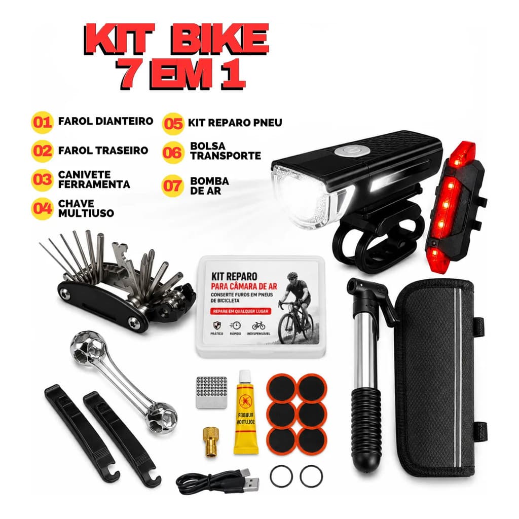 Farol E Lanterna Led Para Bicicleta Com Kit Ferramenta Bike