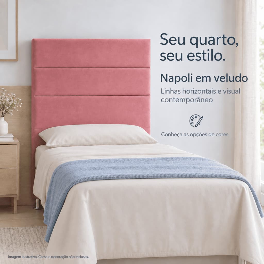 Cabeceira Solteiro Napoli 90cm Cama Box Estofada em Veludo Premium | Pés Inclusos Madeira de Eucalipto Conforto e Estilo