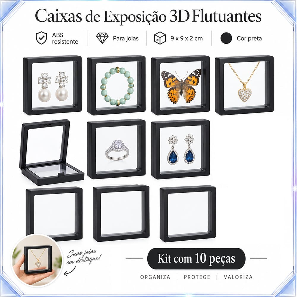 10 caixas de exposição flutuantes em 3D na cor preta (9x9x2cm), em ABS, adequadas para joias