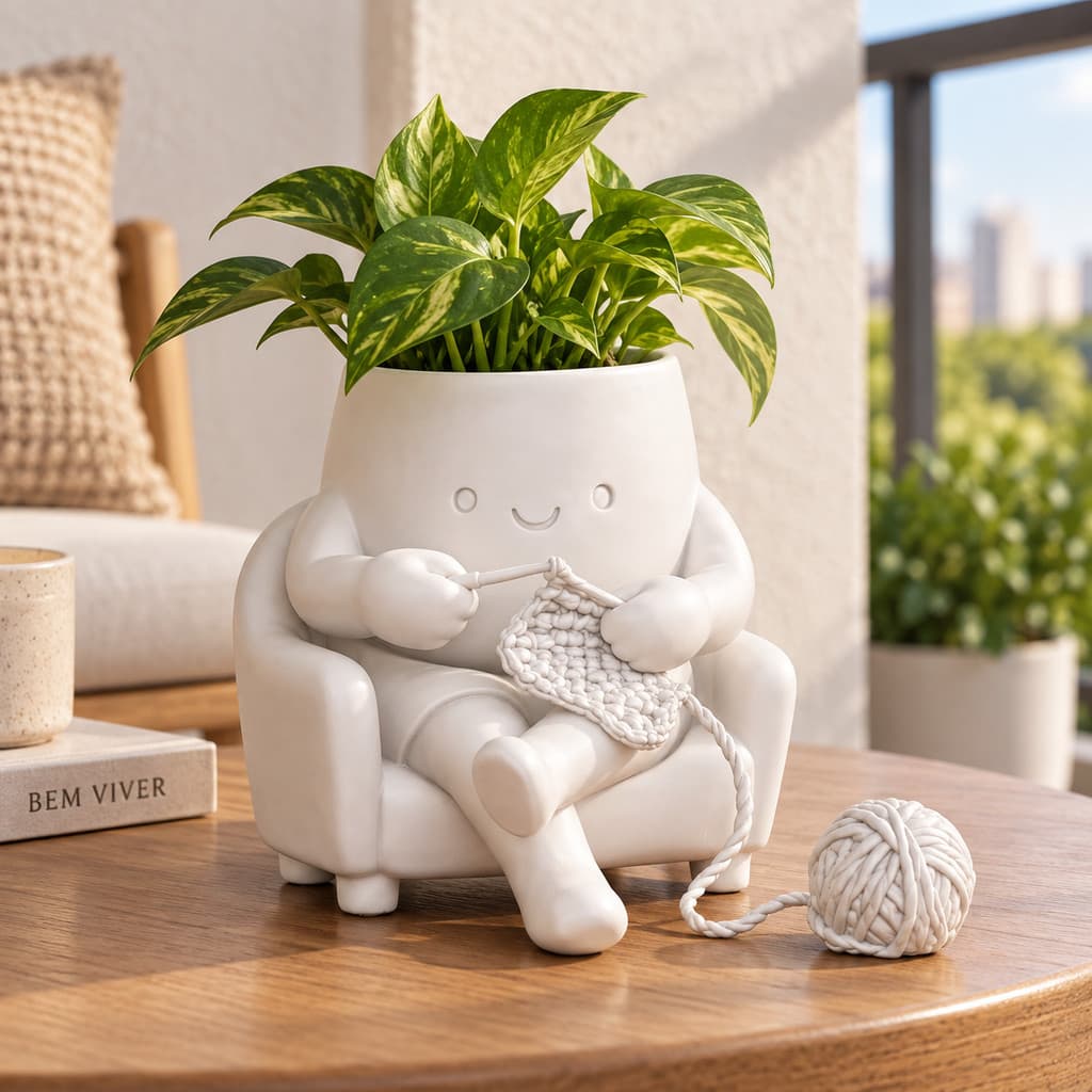 Vaso Cachepot Bonequinho Tricoteiro com Novelo – Decoração Criativa para Plantas