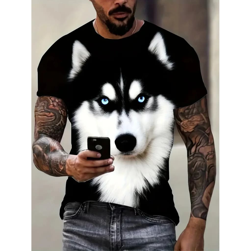 Masculino Casual Husky Padrão Impressão Camiseta Verão Manga Curta Em Torno Do Pescoço Animal Cão Tshirts Para Homem Nov