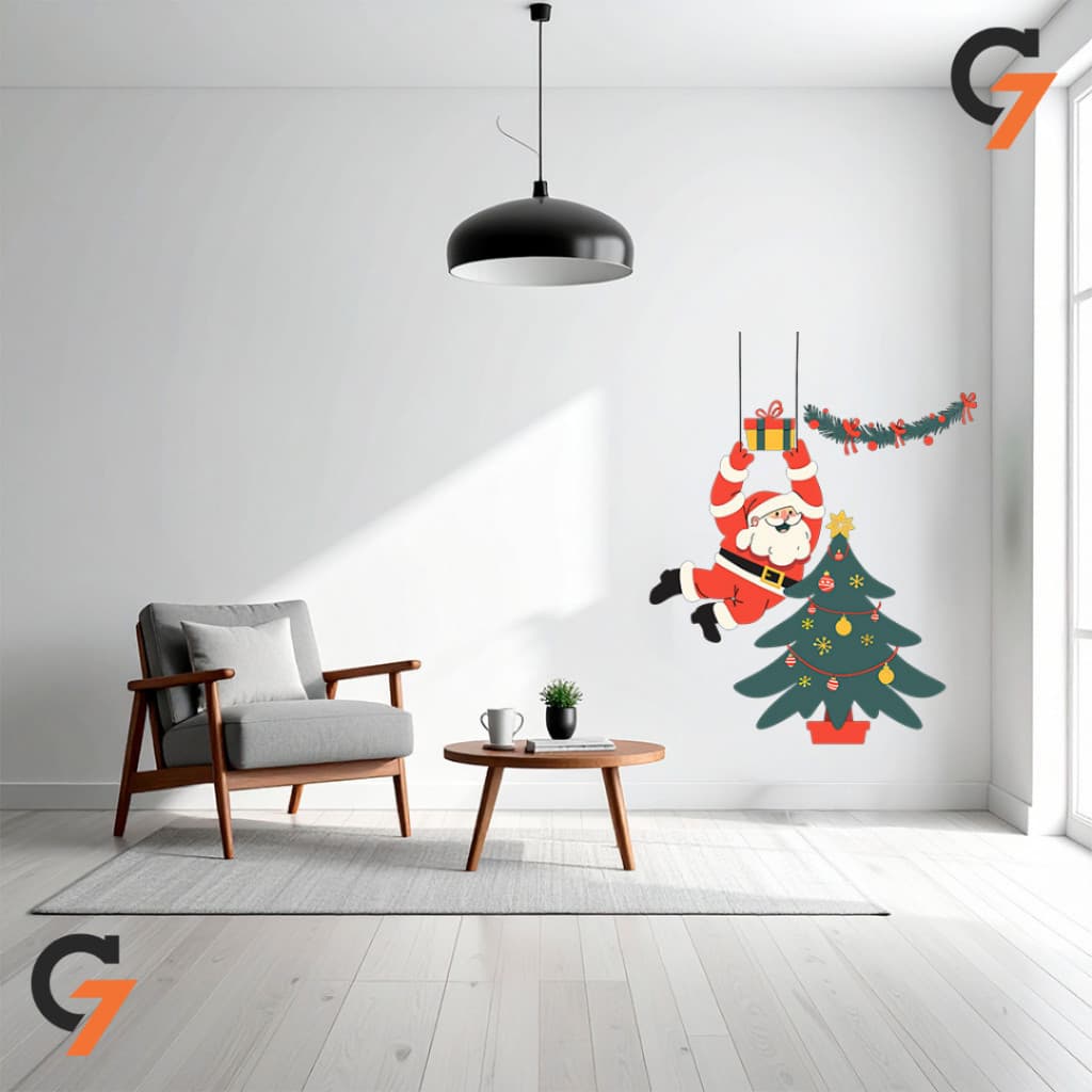 Adesivo de Parede Vitrine Natalina Papai Noel Arvore Enfeitada Decorativo Autocolante Lavável
