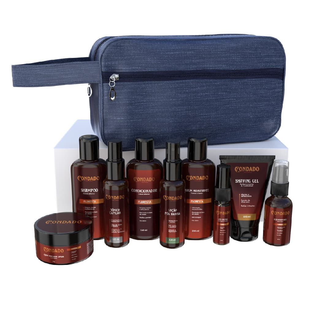 Kit Barba Necessaire Azul Floresta Tônico Shampoo Condicionador Modelador Hidratante Pós Barba Óleo