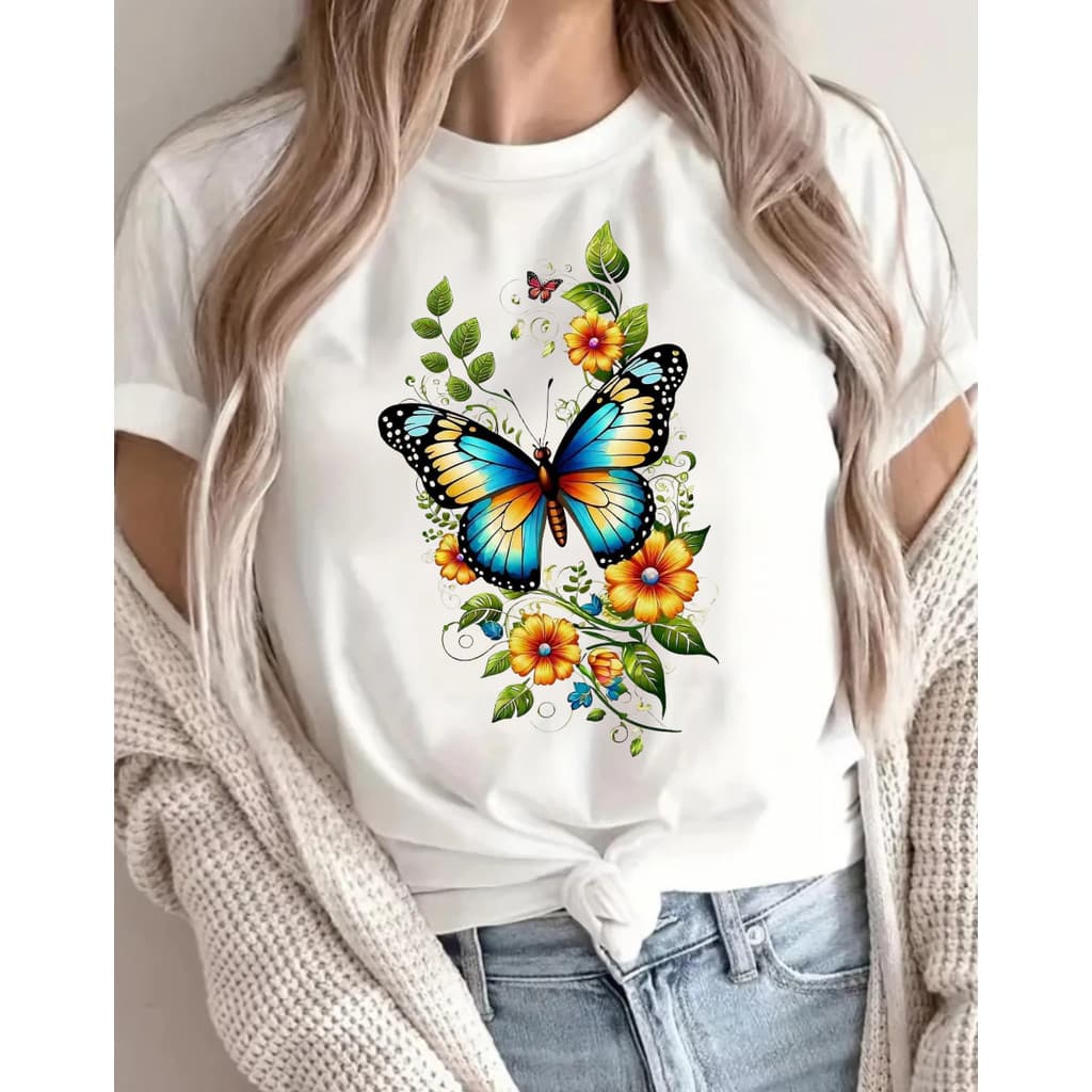 Camiseta T-shirt Borboleta Azul Flores Linda Feminina 100% Algodão Confortável Camisa Premium