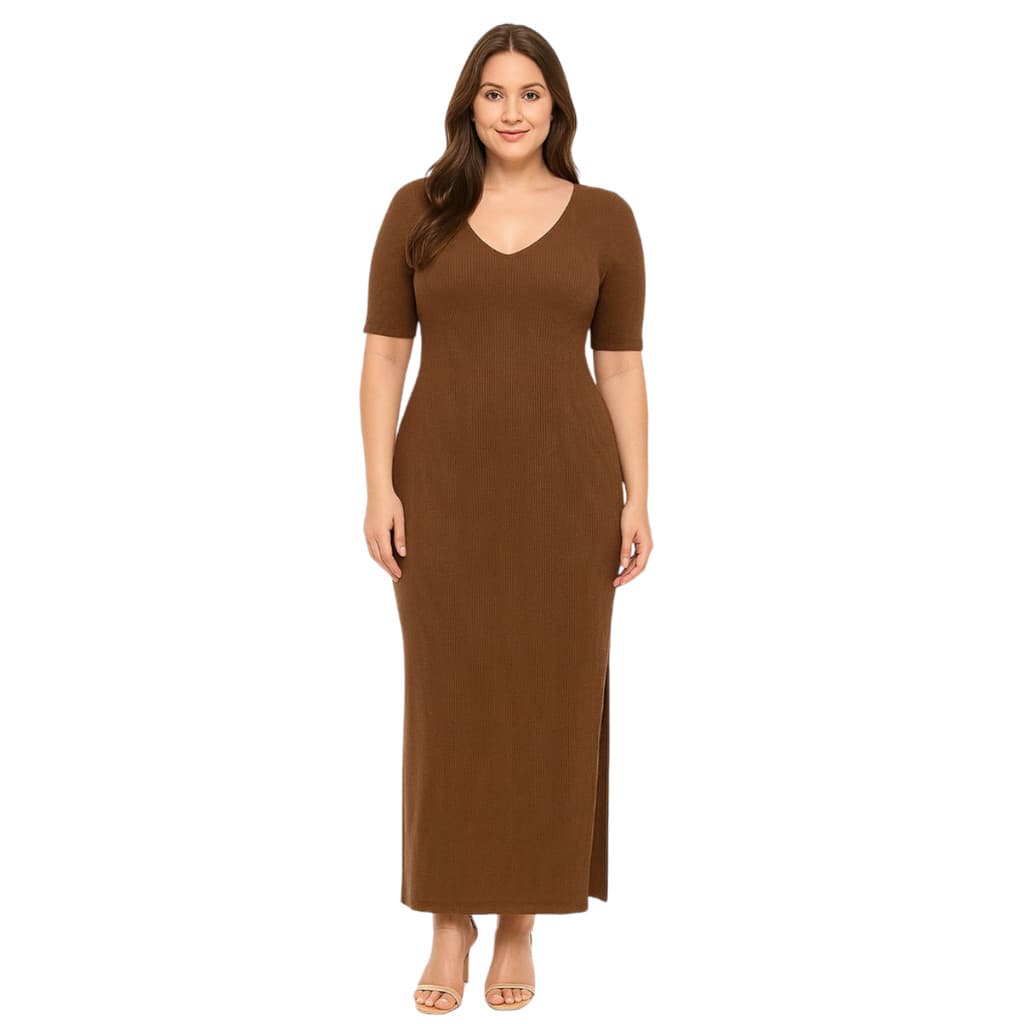 Vestido Feminino Longo Canelado com Fenda Lateral Marrom