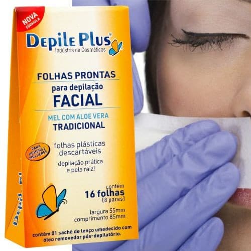 Folhas Prontas Para Depilação Facial Mel com Aloe Vera Depile Plus 16 folhas