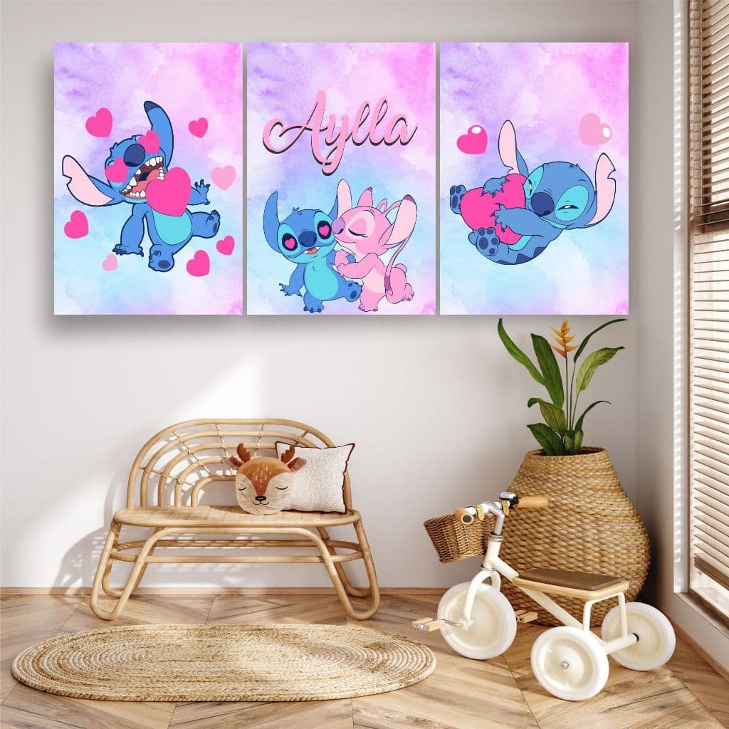 KIT 3 QUADROS STITCH COM NOME PERSONALIZADO - DECORAÇÃO STITCH - MEDIDA 20X30 CADA