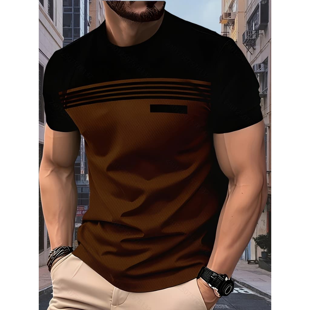 Camiseta Listrada Casual Masculina Com Design De Impressão 3D-Respirável 100 % Poliéster , Absorção De Umidade , Gola Re