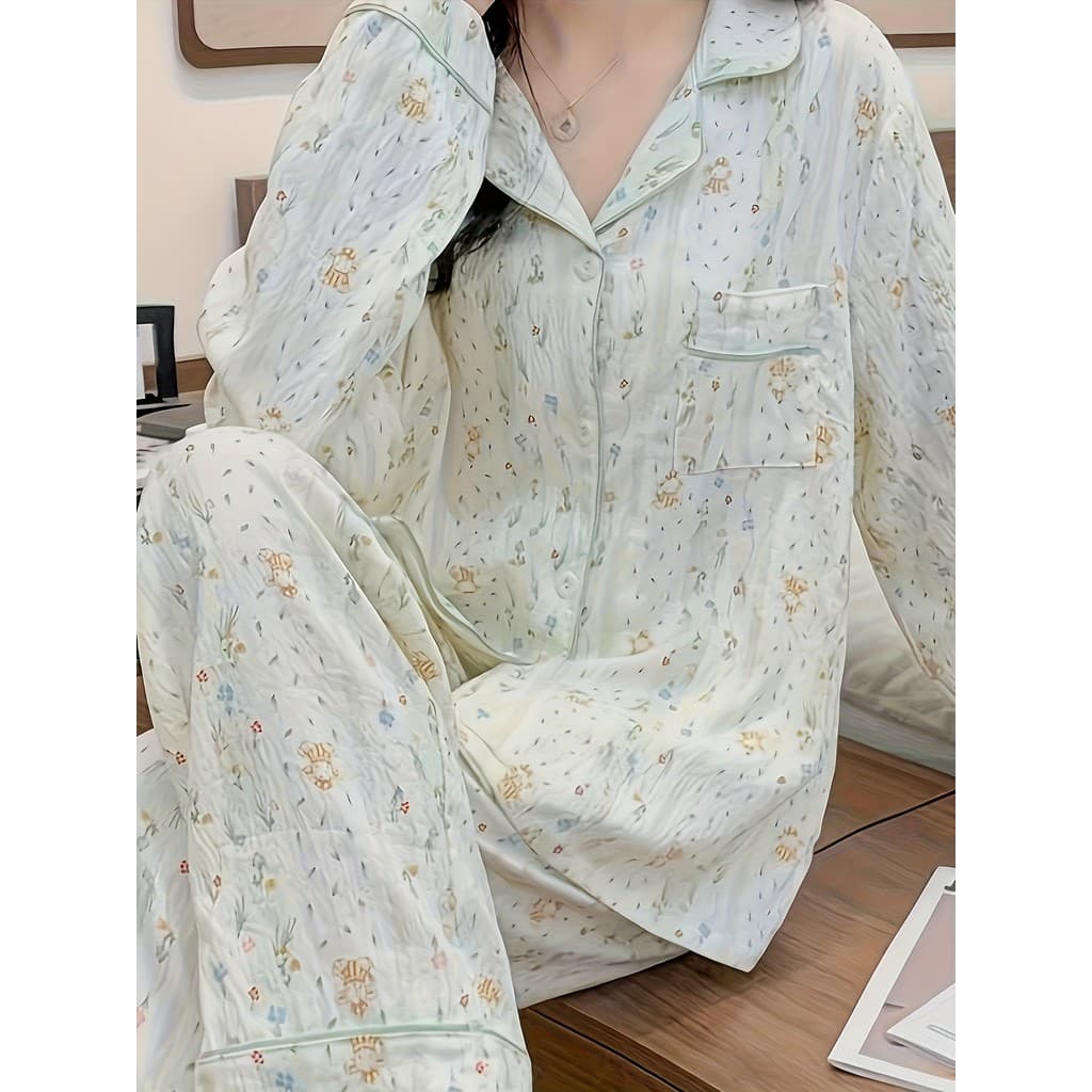 Novos pijamas femininos outono inverno manga comprida verde claro Floral pijamas bonito padrão de desenho animado suave