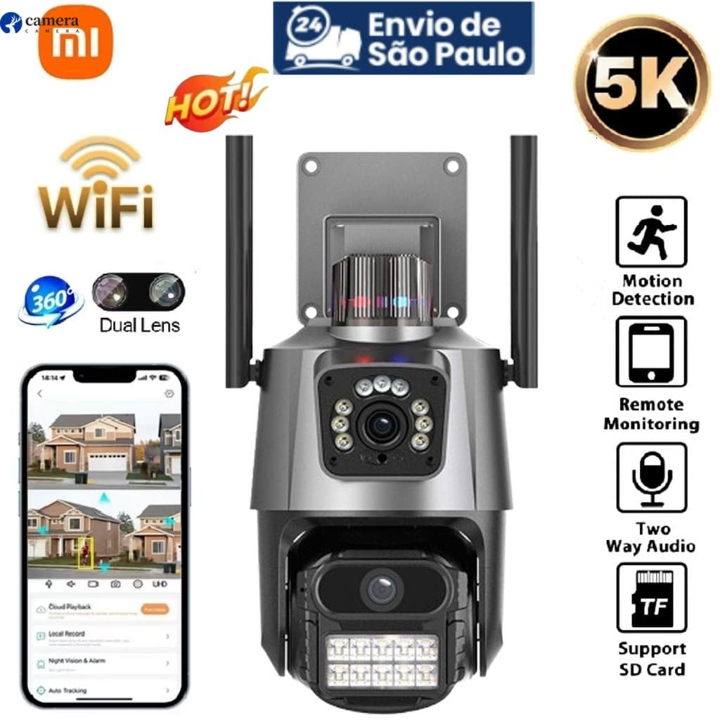 Outdoor Wi-Fi dual-lens security camera, YOOSEE 360° 4K 6MP certified, waterproof siren, 1080P HD resolution.