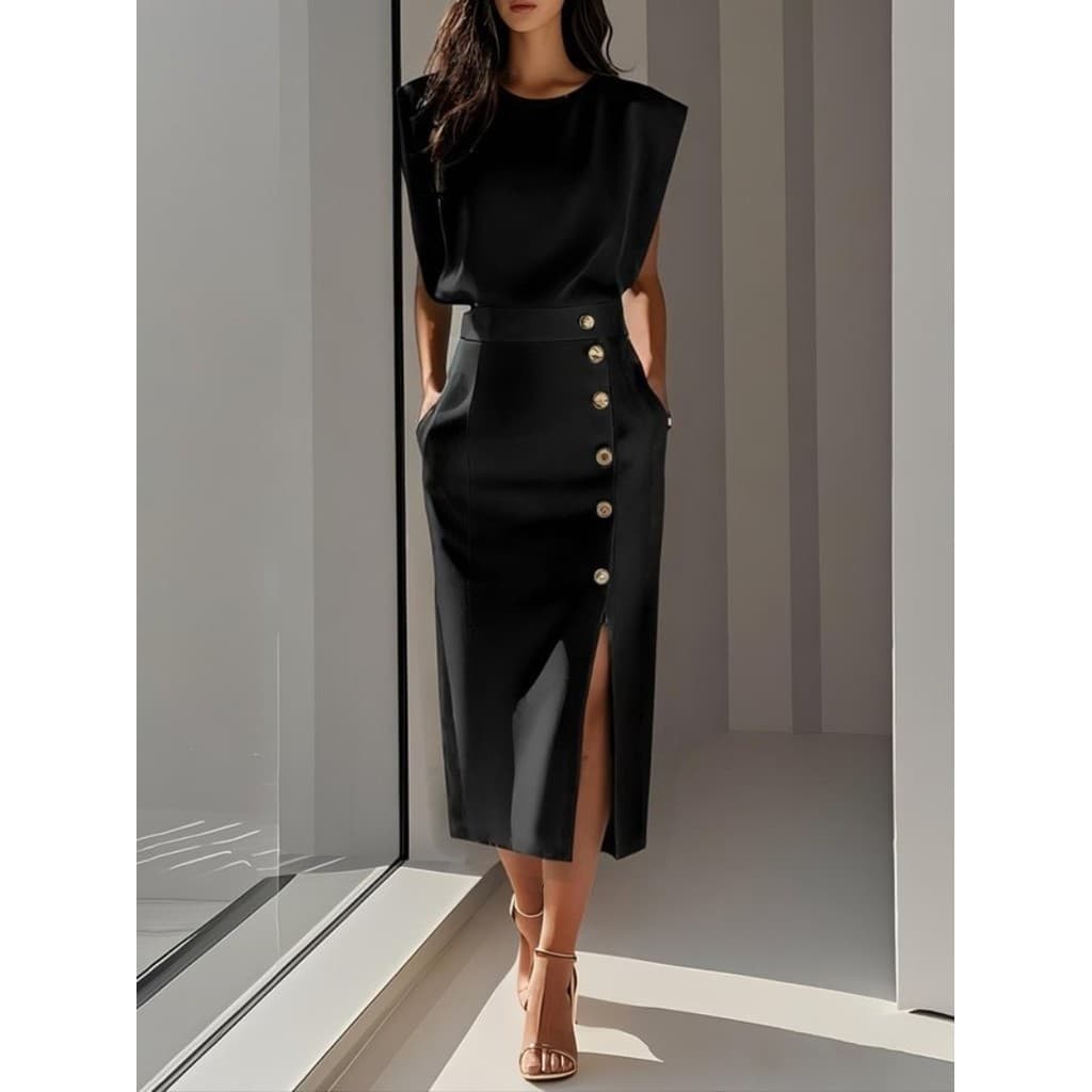 Vestido Midi Elegante Feminino De Manga Comprida De Cor Sólida Com Detalhes De Botões E Fenda Lateral – Gola Redonda