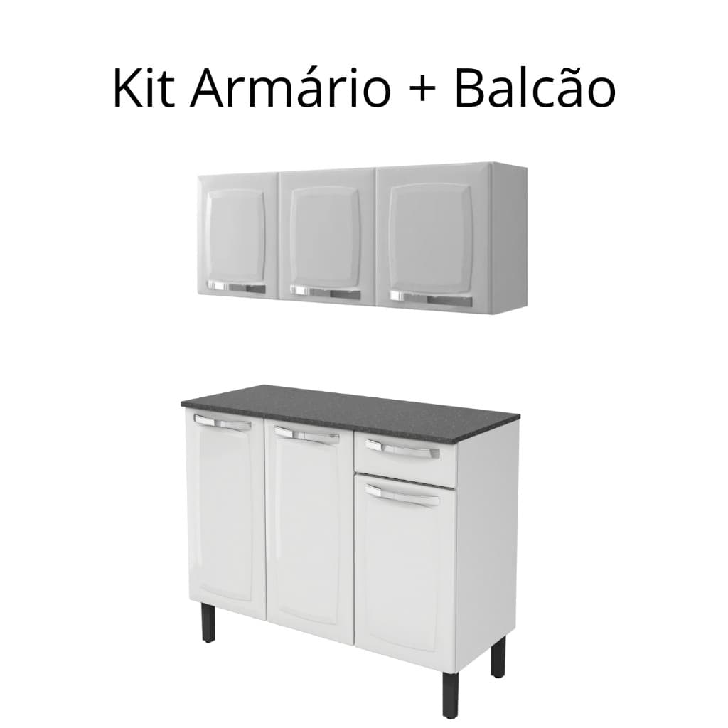 Balcão Cozinha 105cm Com Tampo 3 Gavetas Mais Armário Aéreo Aço Rose Itatiaia Conjunto