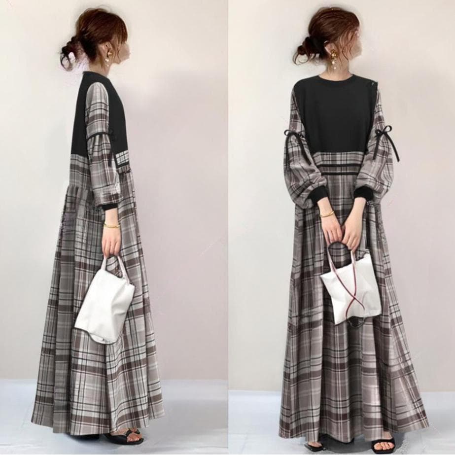 Japonês novo estilo em torno do pescoço lanterna de manga comprida xadrez costura grande balanço vestido outono inverno
