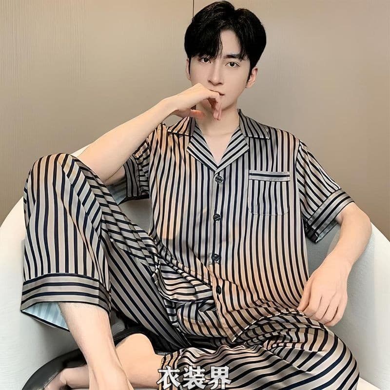 Pijamas de seda gelo calças masculinas de manga curta primavera outono estilo fino tamanho grande céu Homewear terno juv