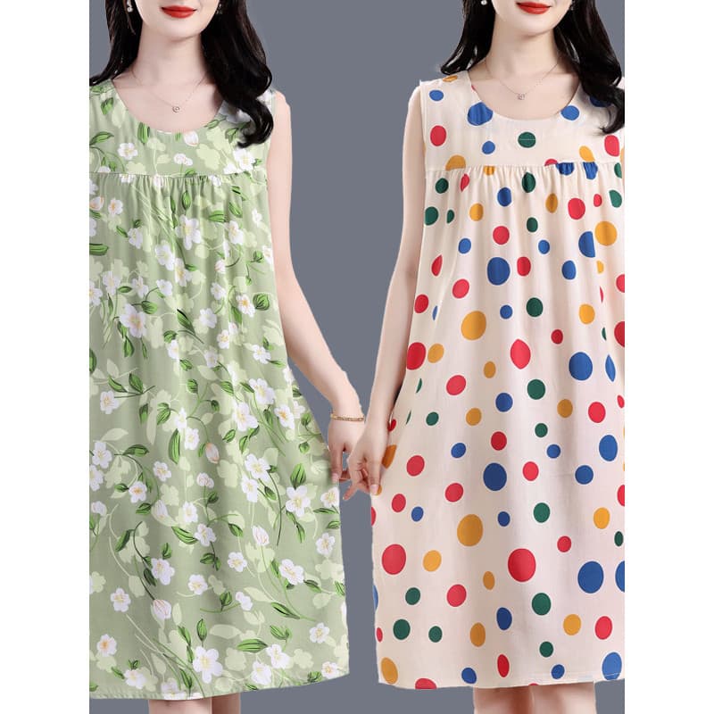 Camisola de seda de algodão saia feminina novo estilo 2025 verão sem mangas pijamas mãe vestido solto algodão Artificial