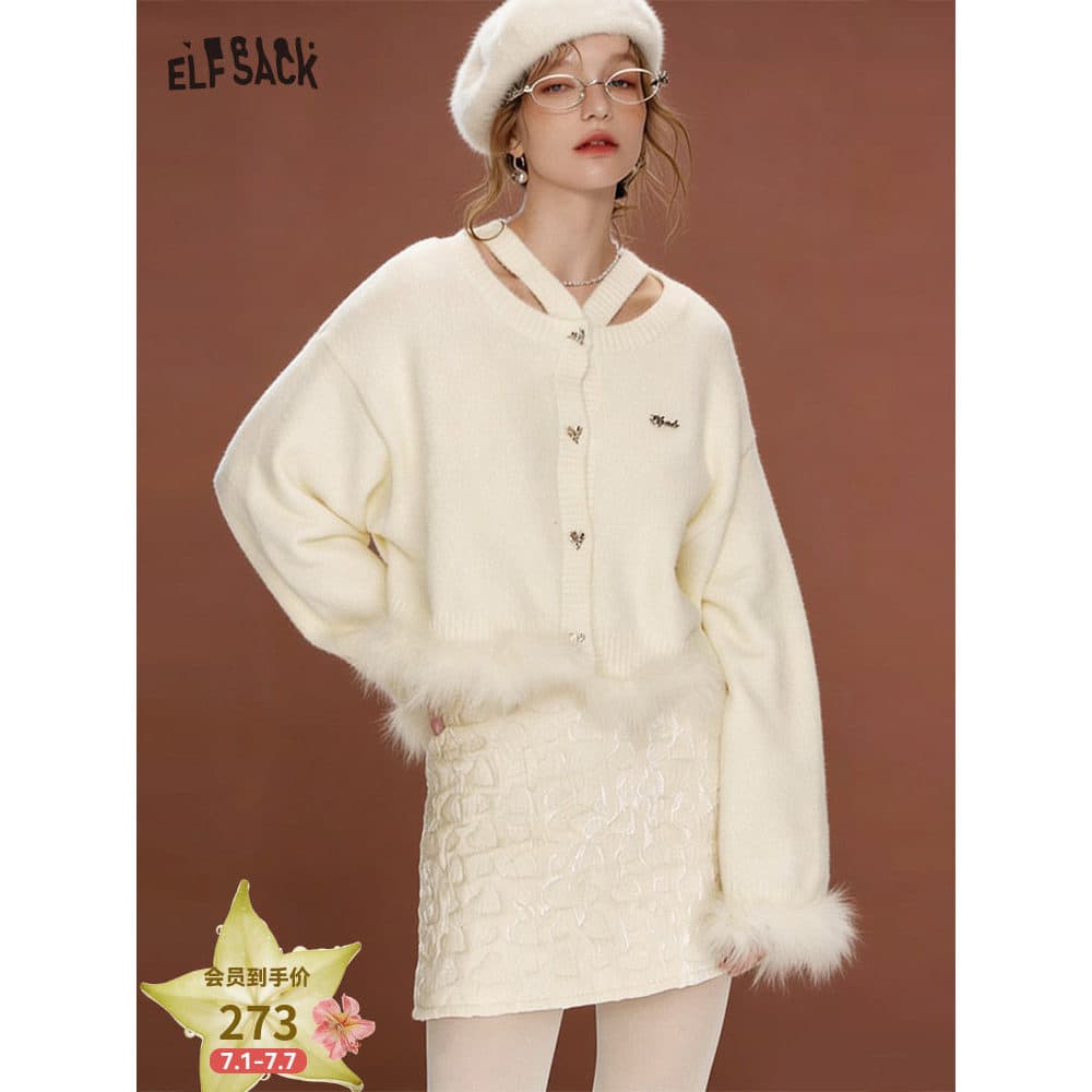 Fada bolso branco pelúcia elegante camisola feminina 2026 primavera outono novo estilo puro desejo atmosfera sentir meda