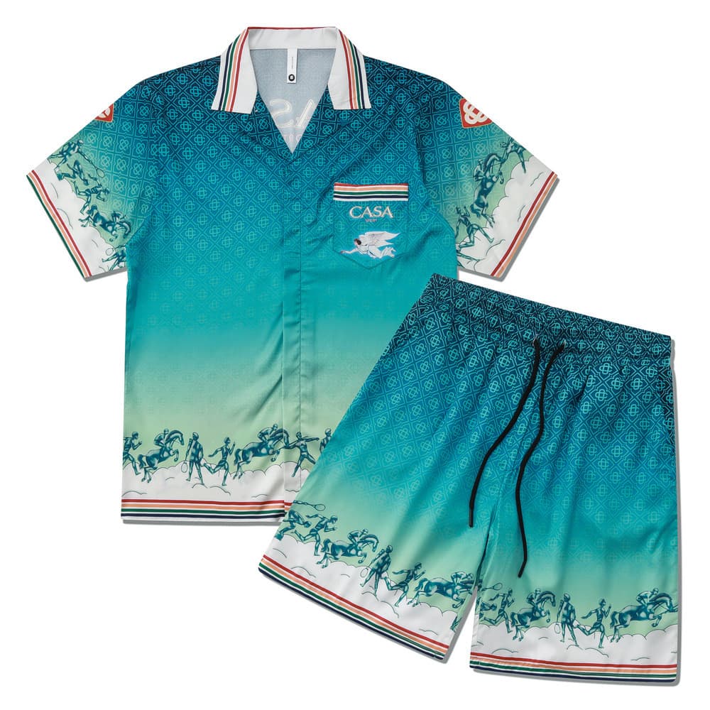 [Novo produto] Conjunto de camisa de flores de rua alta gola cubana camisa Casual Shorts de manga curta combinando mascu