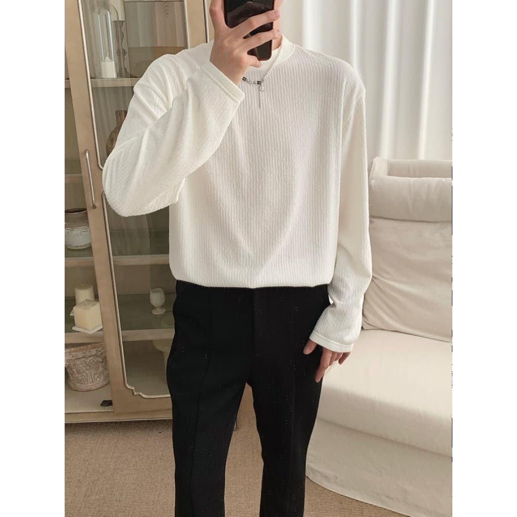 Textura texturizada camiseta masculina High-End solto de manga comprida estilo literário pequeno decote camisa de fundo