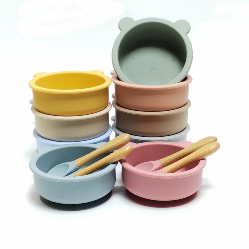 Kit talher silicone bebê Tigela anti derramamento bebê Prato infantil com ventosa Tigela de suplemento alimentar para be