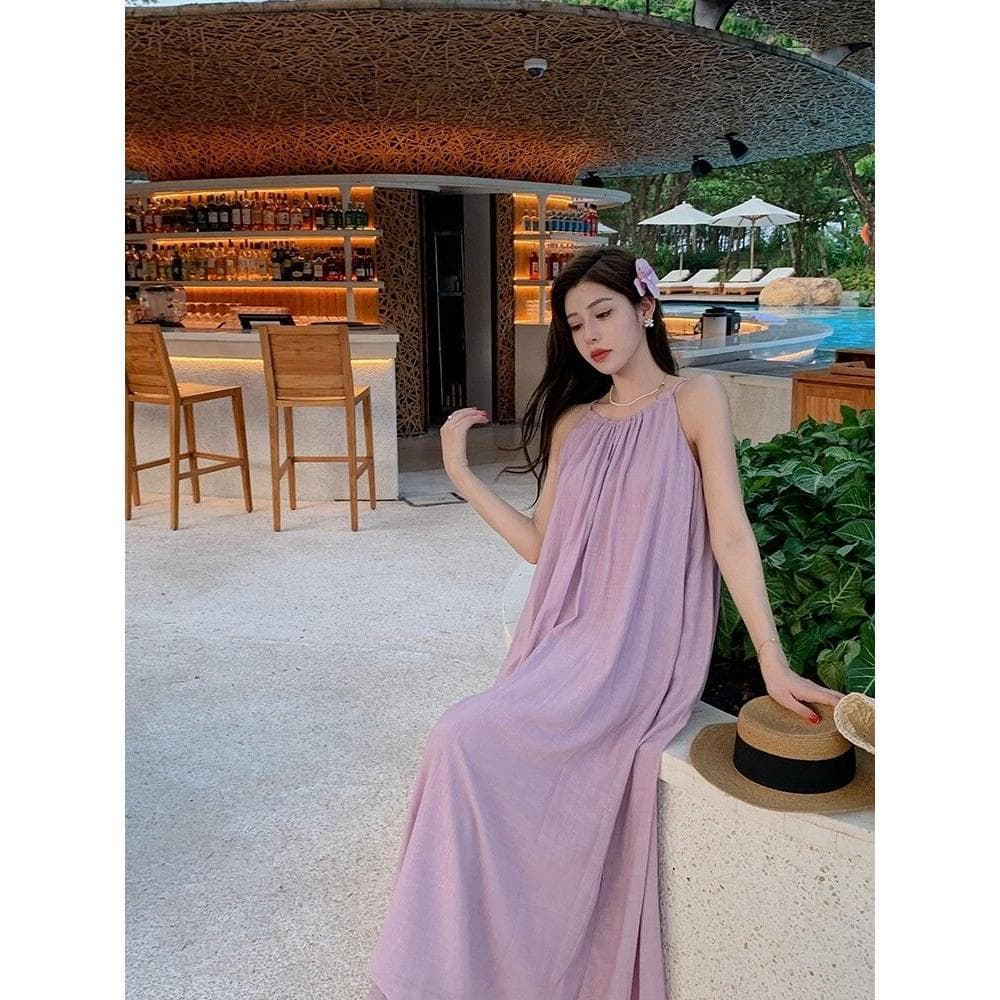 Roxo Halter Sling vestido feminino verão dopamina usar cor brilhante férias à beira-mar praia colete saia longa