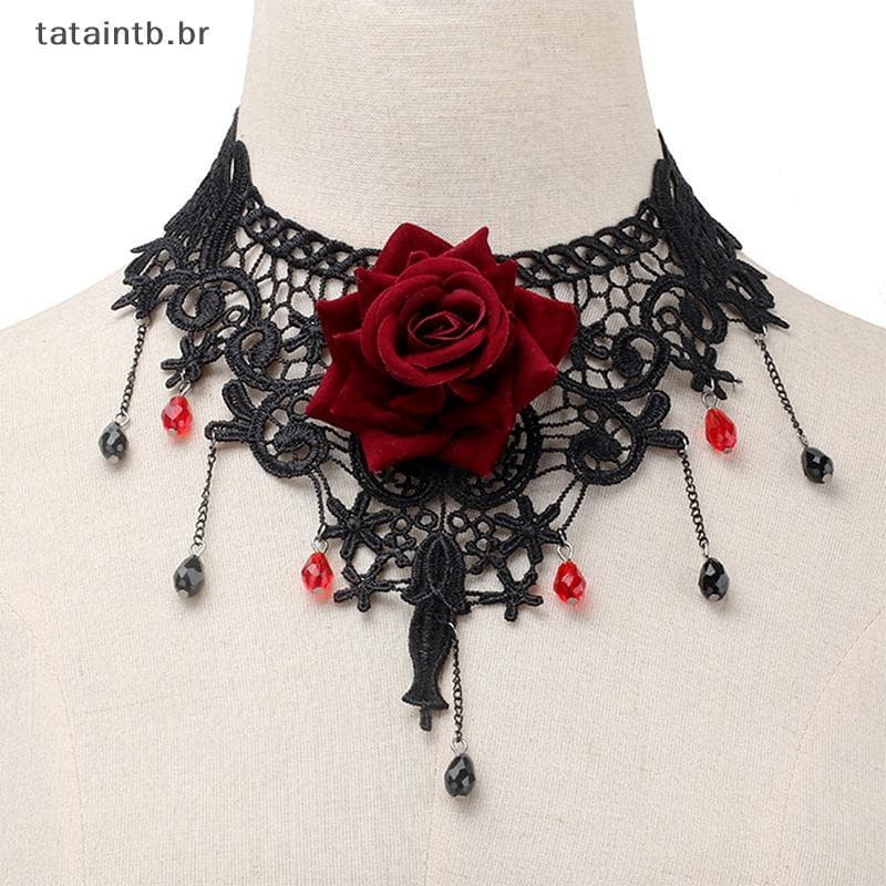 [TaTa] Gargantilha Com Pingente De Flor Vintage Nelace Para Mulheres Renda Gótica sel Clavícula Corrente Joias BR