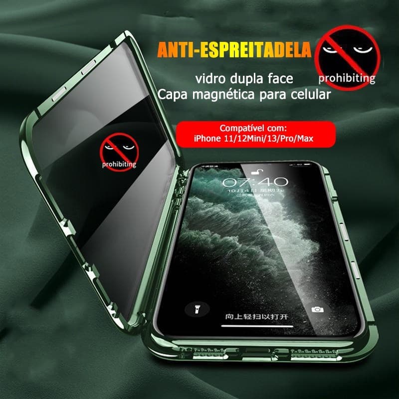 Case Capa Capinha Celular Vidro Temperado iPhone 11 12 13 Pro Max Mini Anti-espionagem Magnética Dupla Face Proteção 360