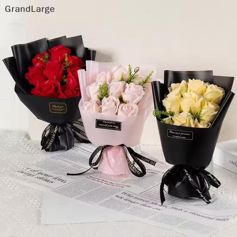 [GrandLarge] Buquê De Flores De Sabão Com 9 Cabeças , Artificiais Para Festa De Aniversário De Casamento De Natal , Dia