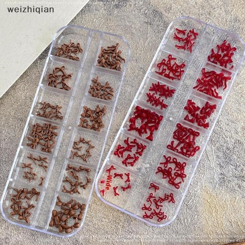 [T & B] 12 Grades/Caixa Arco Decorações De Arte De Unhas 3d Vermelho Marrom Bowknot Resina Encantos Jóias Diy Manicure D