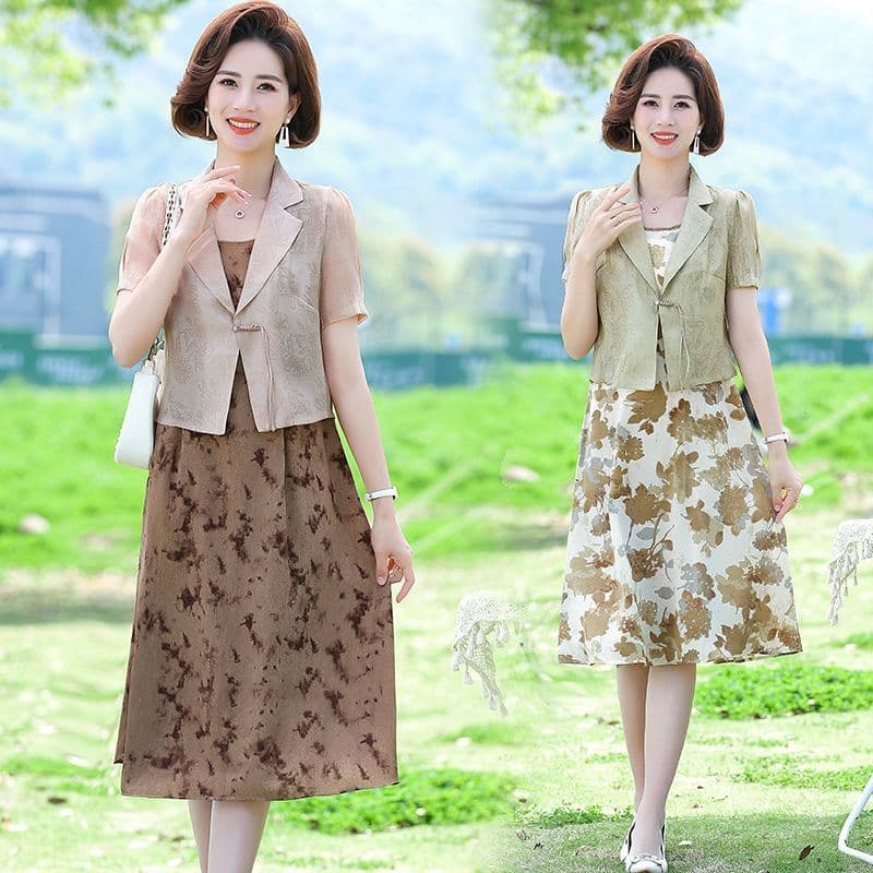 [Novo produto] Mãe moda vestido de verão elegante vestido de dois conjuntos terno de moda de verão de meia-idade [estilo