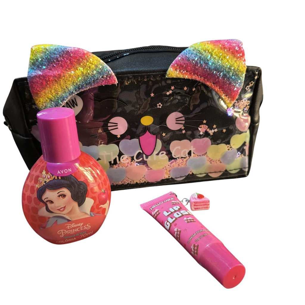 kit Necessaire cor preta, Lip Gloss, colônia Avon 70ml