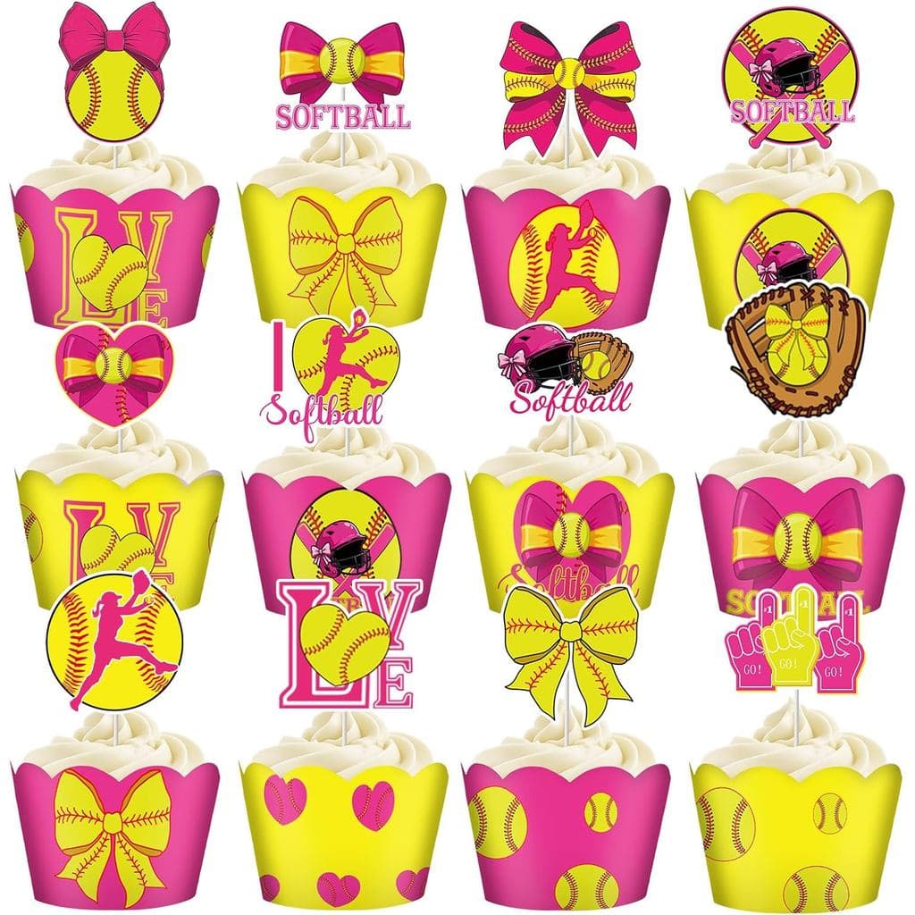 48 Peças de Enfeites para Cupcakes de Softbol, Decorações para Festas de Softbol, Tema de Aniversário e Feriado, Suprime