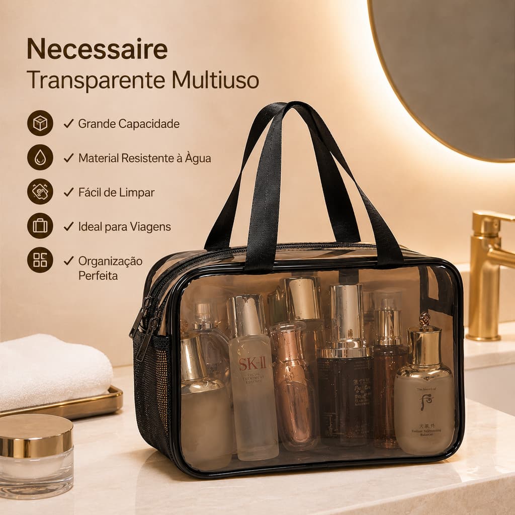 Necessaire Transparente Multiuso Grande Impermeável PVC Organizador de Cosméticos Maquiagem Higiene Viagem Academia