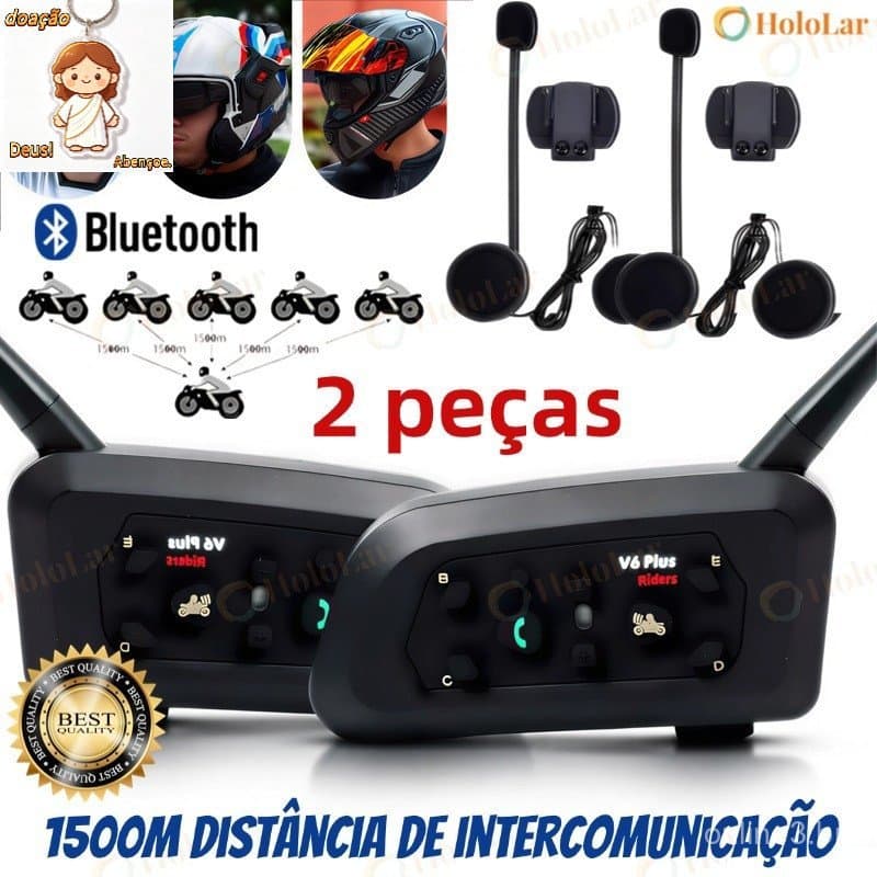 V6 PLUS Intercomunicador de capacete de motocicleta Para 6 Pilotos de 1500m com fone de ouvido bluetooth sem fio