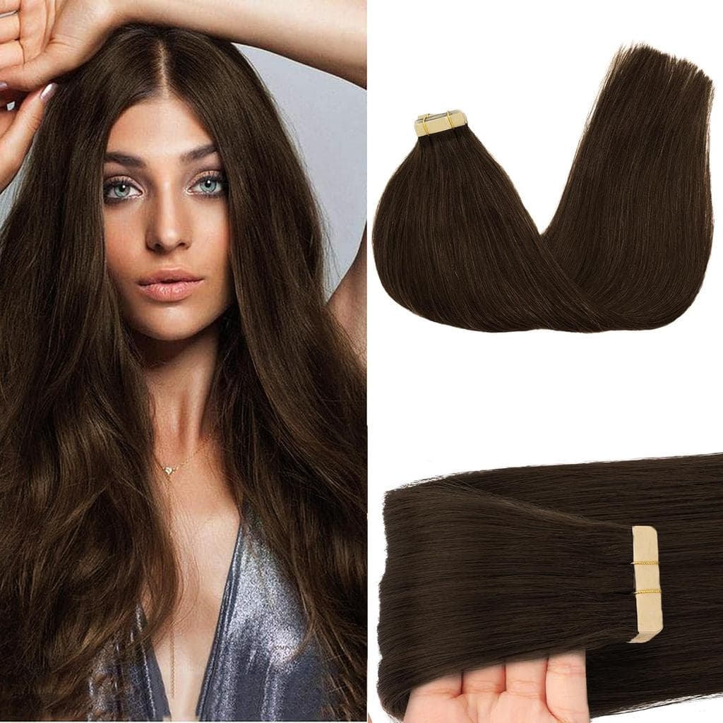 Extensões de Cabelo Humano GOO GOO com Fita Adesiva, 4A Castanho Chocolate, 20 polegadas 50g 20 peças, Trama Invisível S