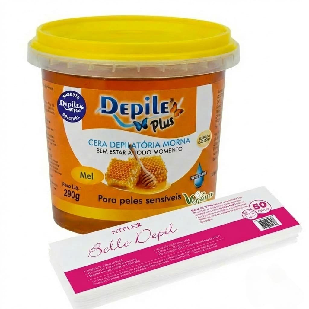 Kit Cera Depilatória Hidrossolúvel Mel 290g + 50 Folhas para Depilação Belle Depil