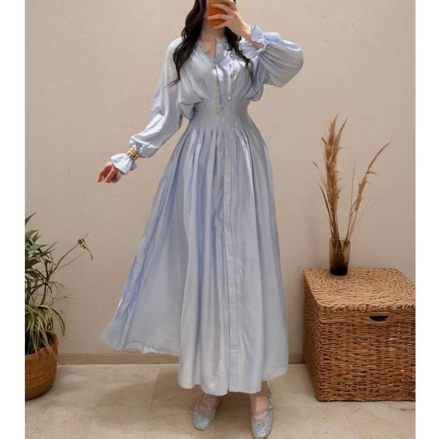 Novo estilo elegante, fresco, cintura fina, plissado, vestido-camisa de manga longa, saia longa.