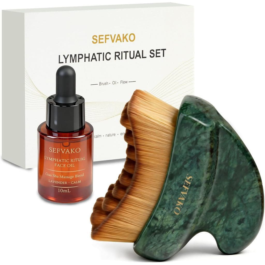Conjunto de Escovas Faciais para Contorno Linfático com Óleo Facial GuaSha, Escova Seca de Dupla Ponta + GuaSha de Jade,