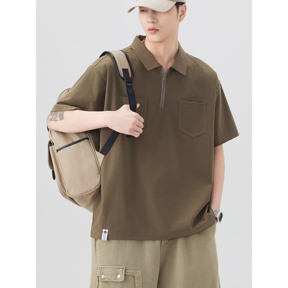 2025 novo estilo masculino verão meio zíper camisa POLO de manga curta masculina Workwear camiseta bonito tecido All-Mat