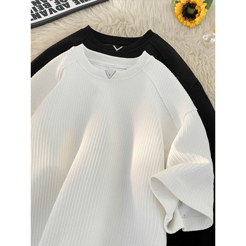 Camiseta masculina texturizada com decote em V, roupa de rua de verão, mangas curtas soltas, adequada para a pele, respi