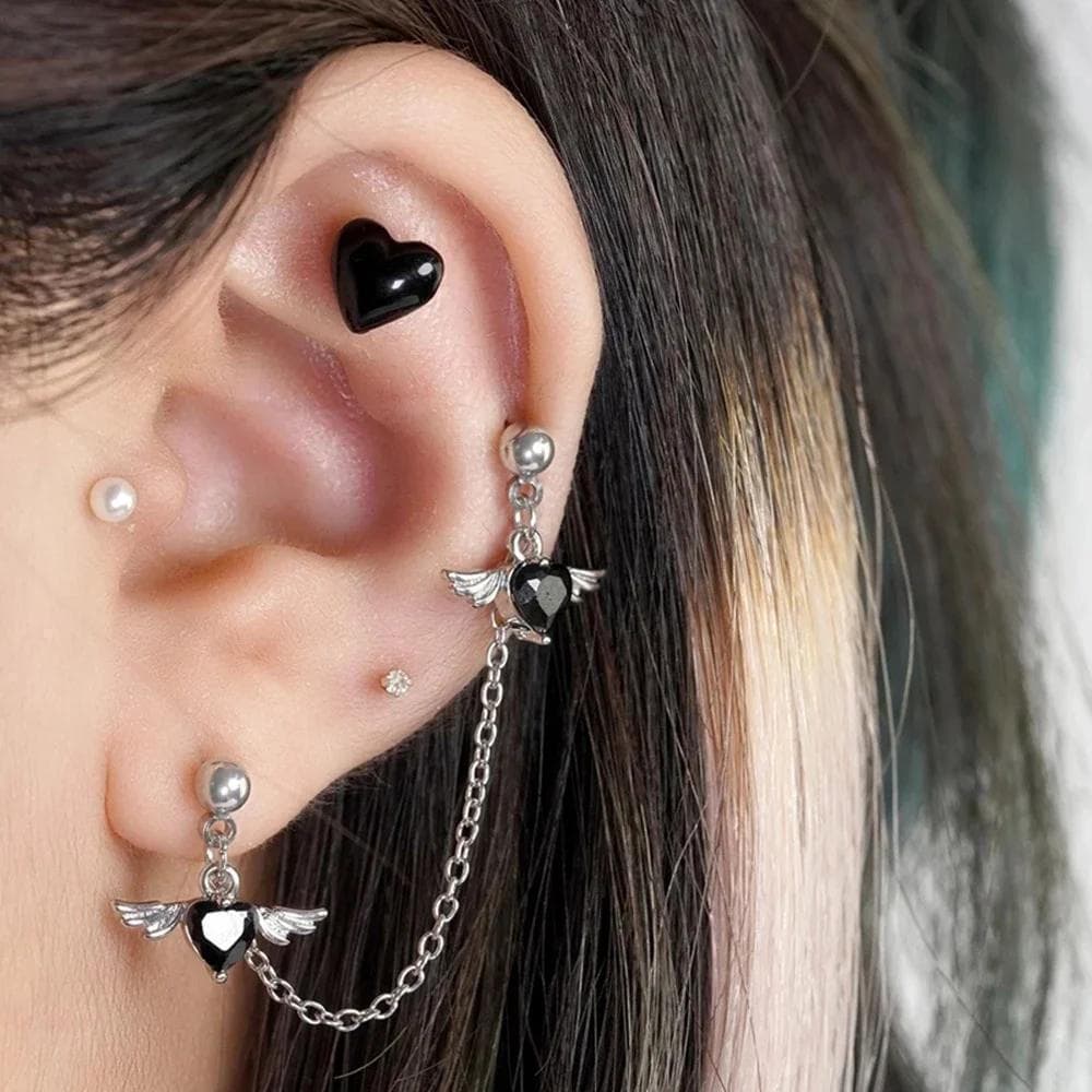 1.2mm Coração Duplo Lóbulo Helix Piercing Brinco Corrente Cartilagem Studs Balançar Menina Moda Jóias Do Corpo