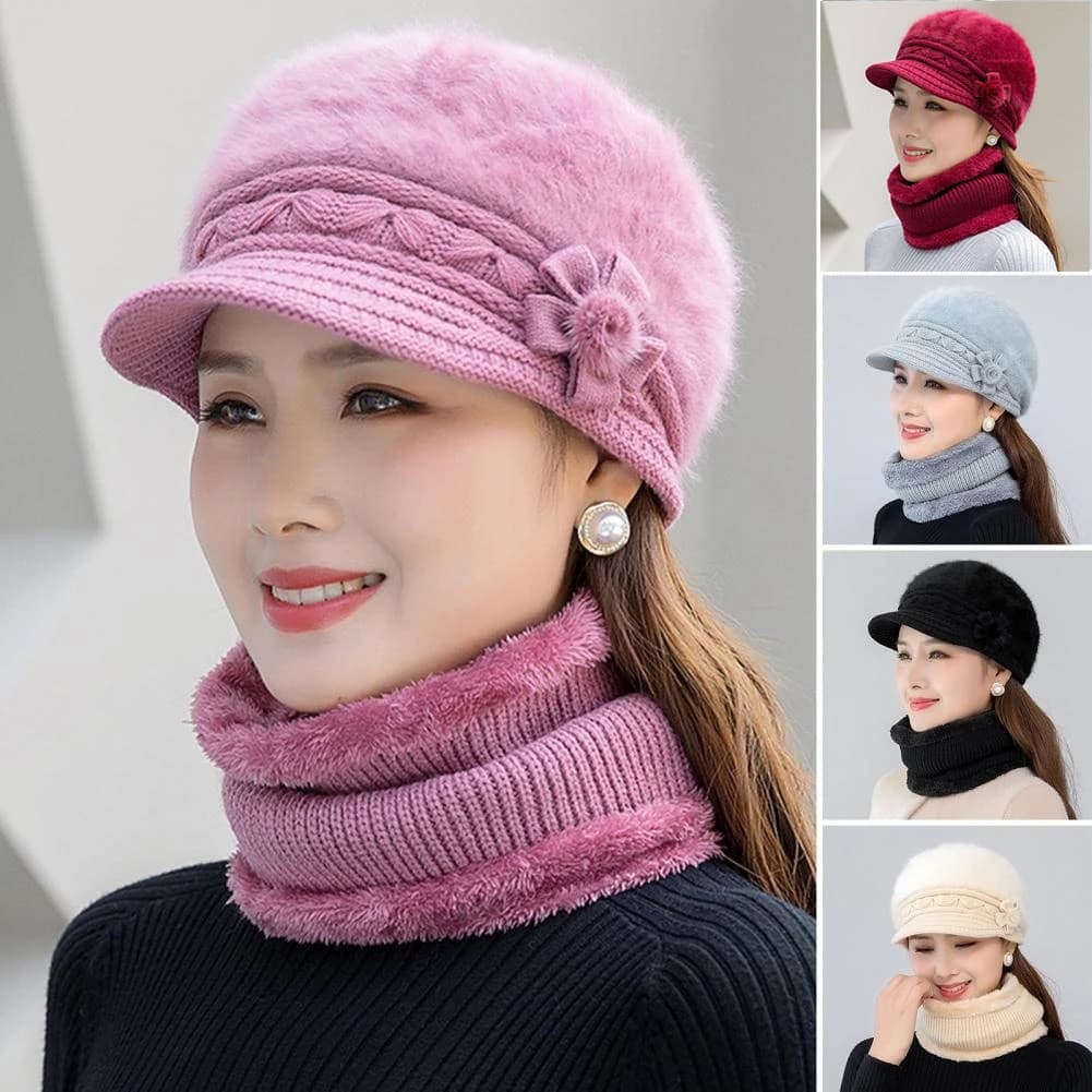 Chapéu De Inverno Pescoço Aquecedor De Malha Pompom Decor Fuzzy Stretchy Cor Sólida Quente Térmico De Meia-Idade Wo
