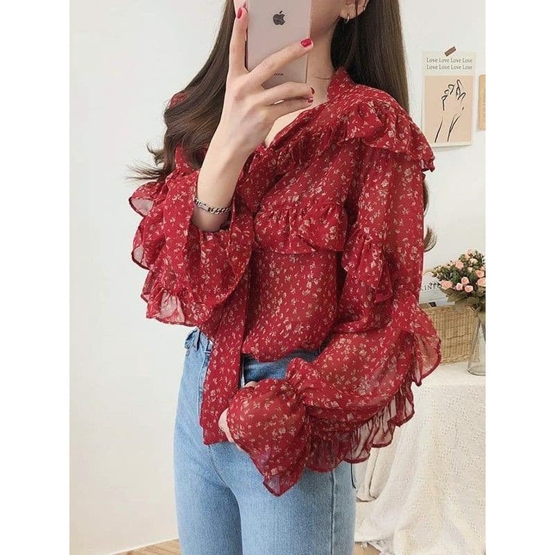 2026 primavera vermelho Chiffon topo feminino de manga comprida moda pequena camisa novo estilo camisa Floral feminina S