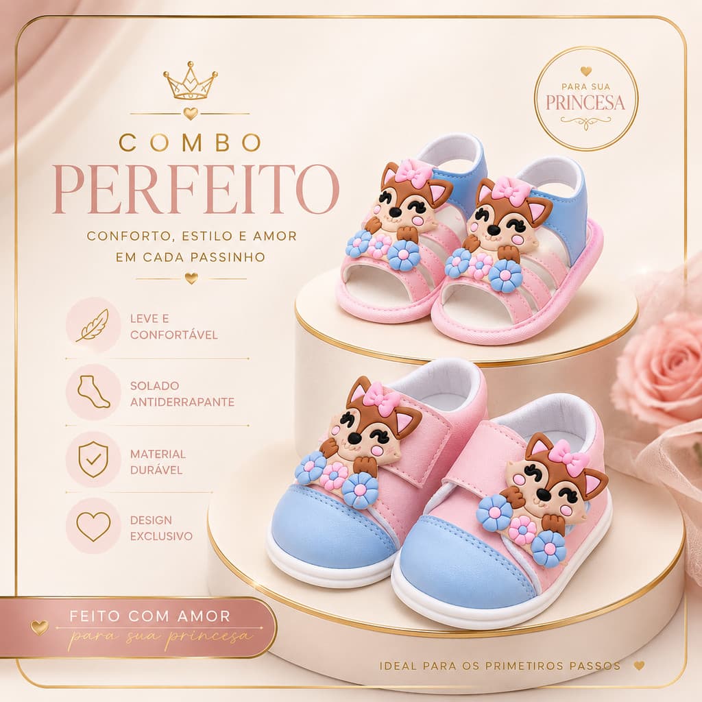Combo Estilo Menina Recém Nascido Kit 2 Pares Rapozinha Tênis e Sandália Confortável