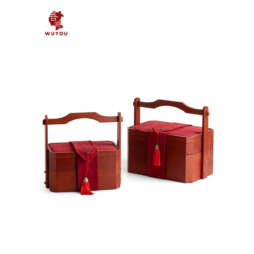 Caixa de ouro de casamento chinês Retro nomeação caixa de presente de noivado presente de bambu portátil dupla camada co
