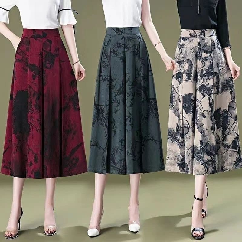 Culottes cortadas de perna larga mulheres verão estilo fino novo estilo cintura alta solta impressão de seda gelo meia-i