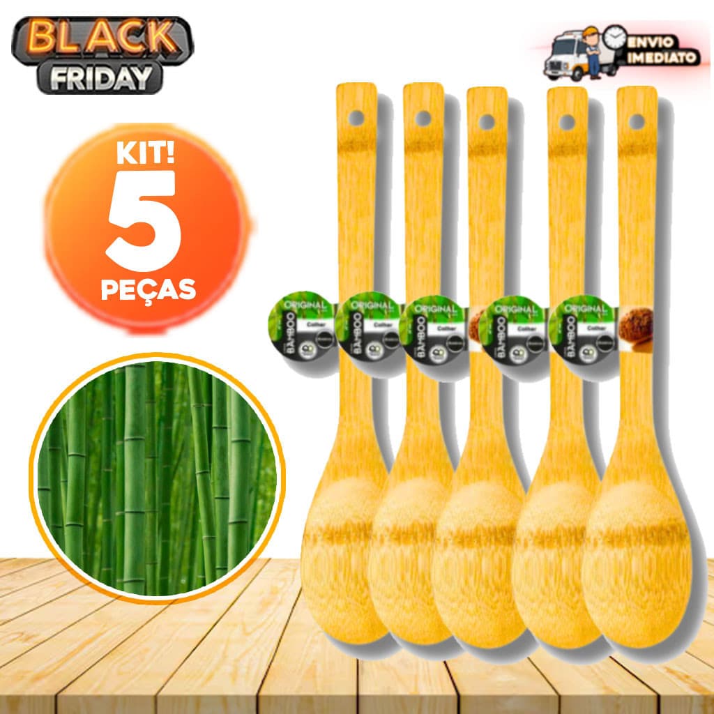 Kit 5 Colheres de Bambu para Cozinhar - Madeira Bamboo 30cm para Cozinha Gourmet