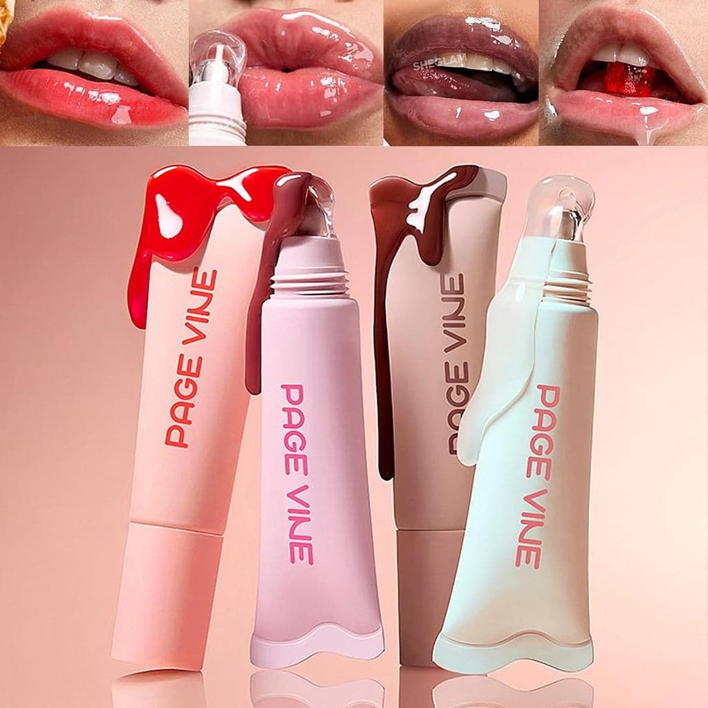 Gloss Labial Hidratante em Gelatina de 4 Cores, Bálsamo Labial Hidratante com Cor, Conjunto de Brilho Labial à Prova d'Á