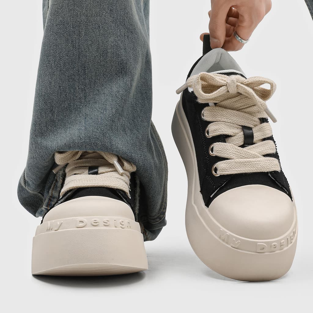 Americano preto branco tênis de sola grossa feminino respirável dedo do pé grande sapatos de lona aumentando sapatos cas
