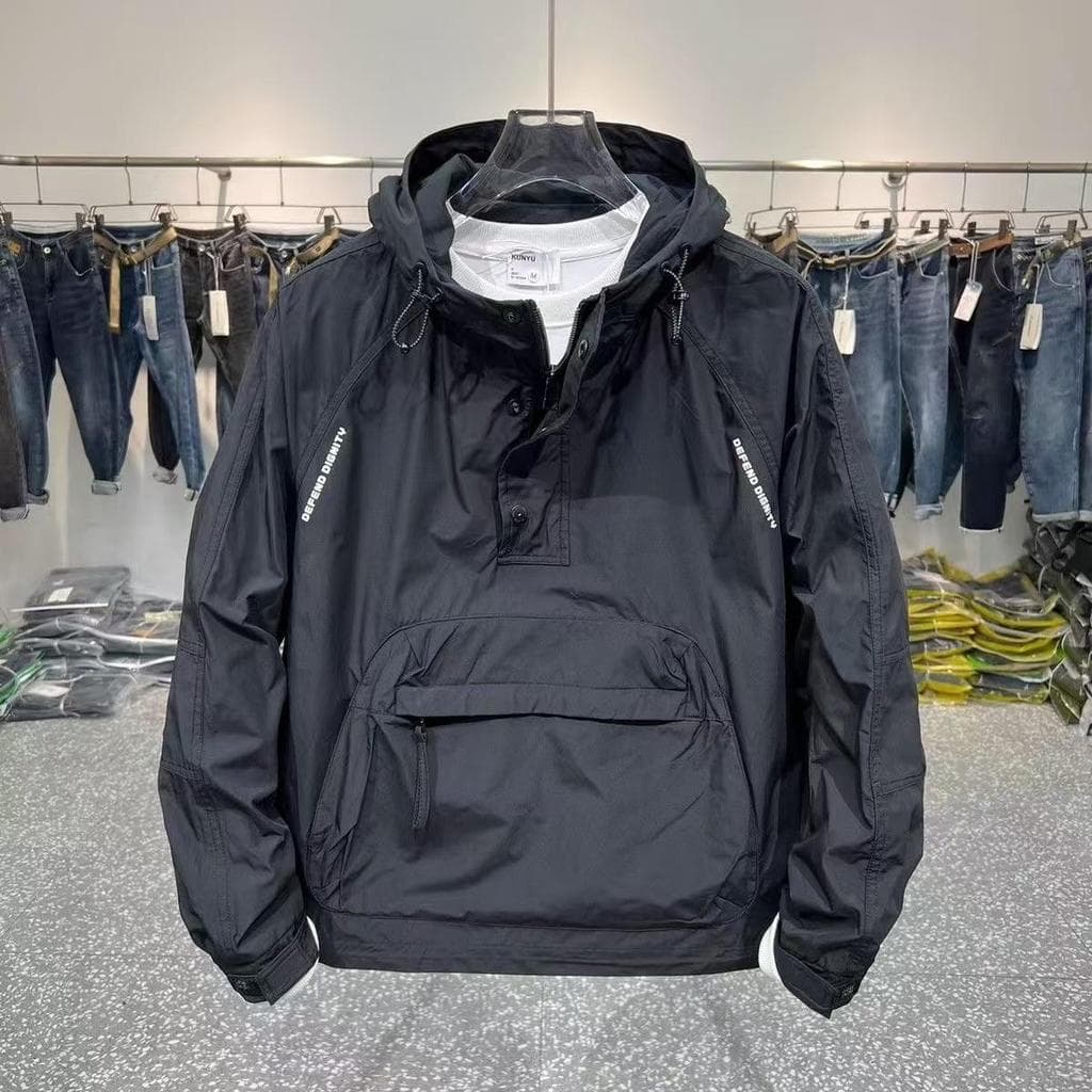 Primavera outono estilo Hong Kong ferramentas grande bolso com capuz jaqueta masculina feminina estilo zíper bolso pulôv