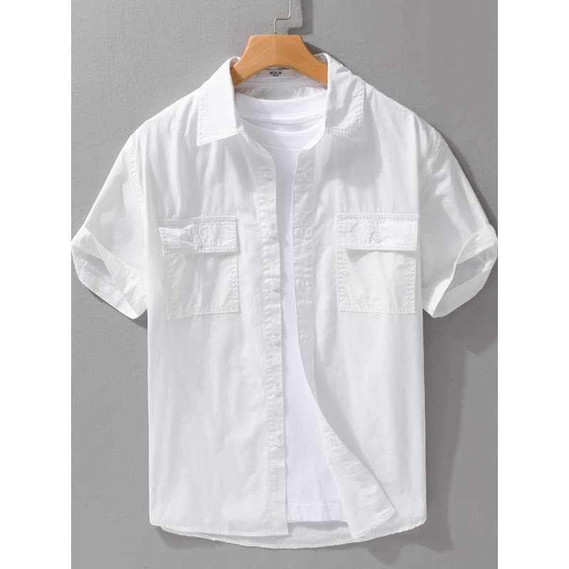 Verão japonês Workwear camisa de manga curta masculina solta fina americana Casual cor sólida Design de bolso duplo meia